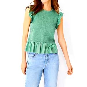 Ann Taylor Smocked Ruffle Sleeve Peplum Top